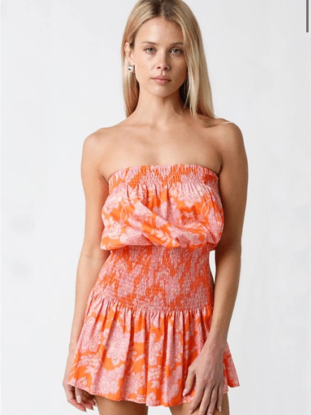 Orange Floral Strapless Dress